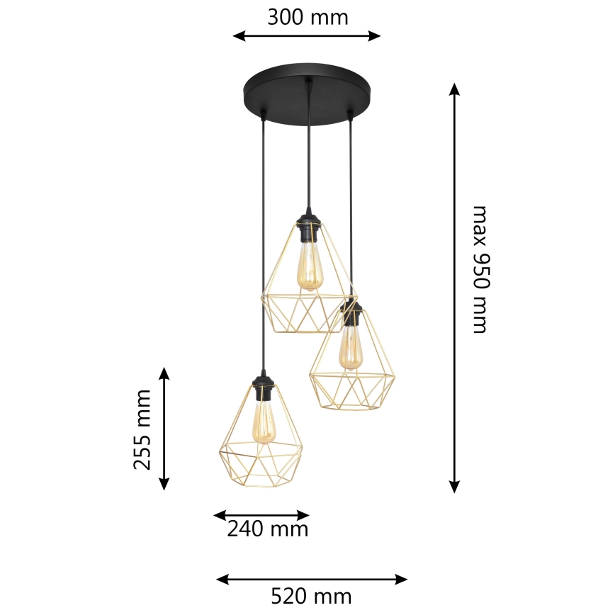 Luster na lanku KARO 3xE27/15W/230V zlatá/čierna