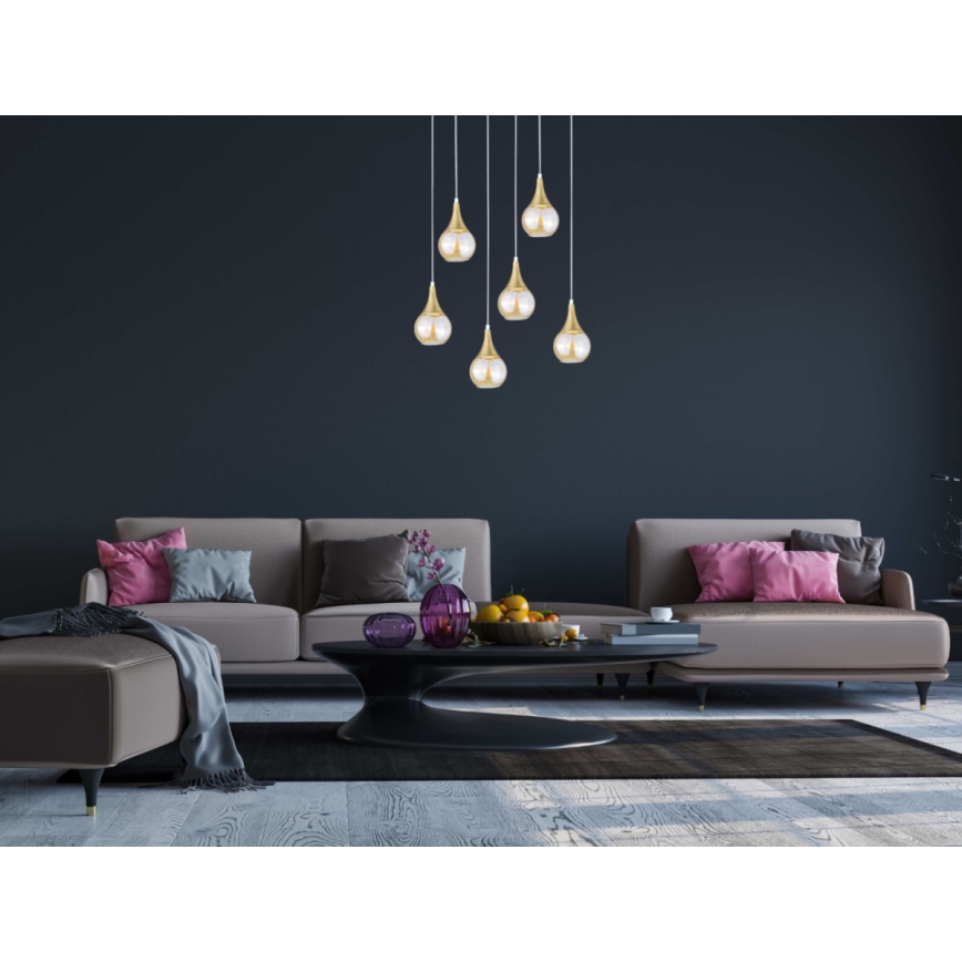 Luster na lanku LACRIMA HONEY 6xE27/60W/230V biela/zlatá/dymová béžová