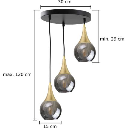 Luster na lanku LACRIMA SMOKY 3xE27/60W/230V pr. 30 cm