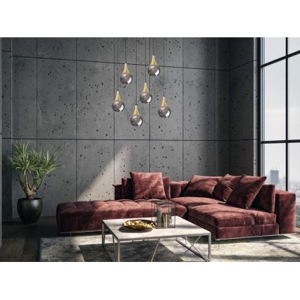 Luster na lanku LACRIMA SMOKY 6xE27/60W/230V čierna/zlatá/dymová čierna