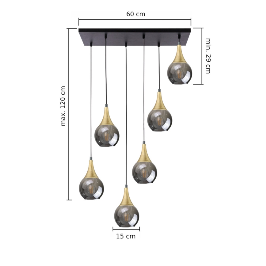 Luster na lanku LACRIMA SMOKY 6xE27/60W/230V čierna/zlatá/dymová čierna