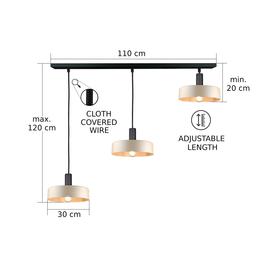 Luster na lanku LATTE 3xE27/60W/230V béžová/čierna