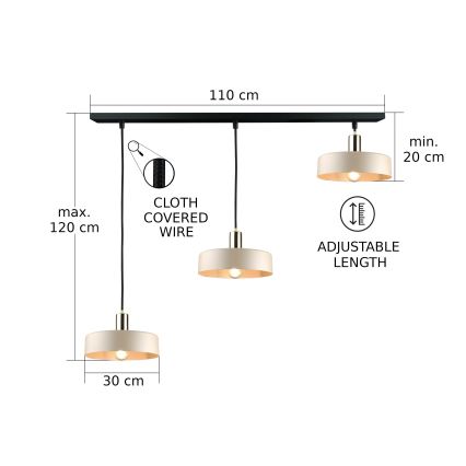 Luster na lanku LATTE 3xE27/60W/230V béžová/čierna/lesklý chróm