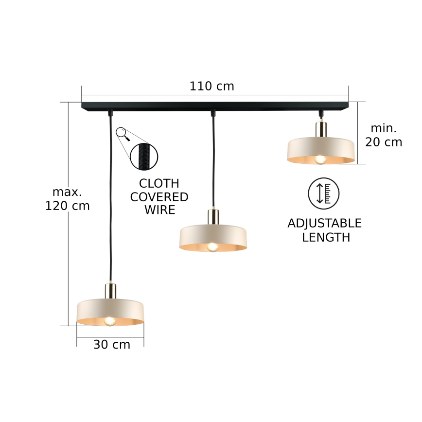 Luster na lanku LATTE 3xE27/60W/230V béžová/čierna/lesklý chróm