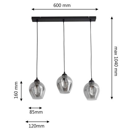 Luster na lanku LILI 3xE27/15W/230V čierna/šedá