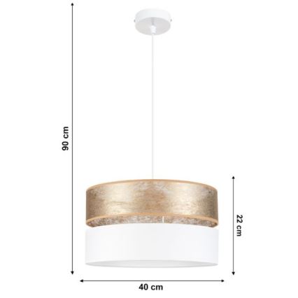 Závesné svietidlo s dvojitým tienidlom visí zo stropu. Horné tienidlo je zlaté, spodné biele. Rozmery: výška 90 cm, priemer 40 cm, výška tienidla 22 cm.