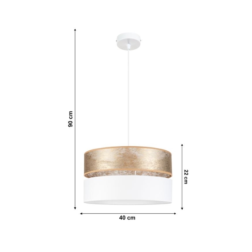 Závesné svietidlo s dvojitým tienidlom visí zo stropu. Horné tienidlo je zlaté, spodné biele. Rozmery: výška 90 cm, priemer 40 cm, výška tienidla 22 cm.