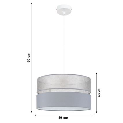 Závesné svietidlo s dvojitým tienidlom, visí zo stropu. Horné tienidlo je strieborné, spodné sivé. Rozmery: výška 90 cm, priemer tienidla 40 cm, výška tienidla 22 cm.