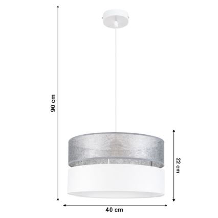 Závesné svietidlo s dvojitým tienidlom; horné strieborno-sivé, dolné biele; visí zo stropu. Rozmery: výška 90 cm, priemer 40 cm, výška tienidla 22 cm.
