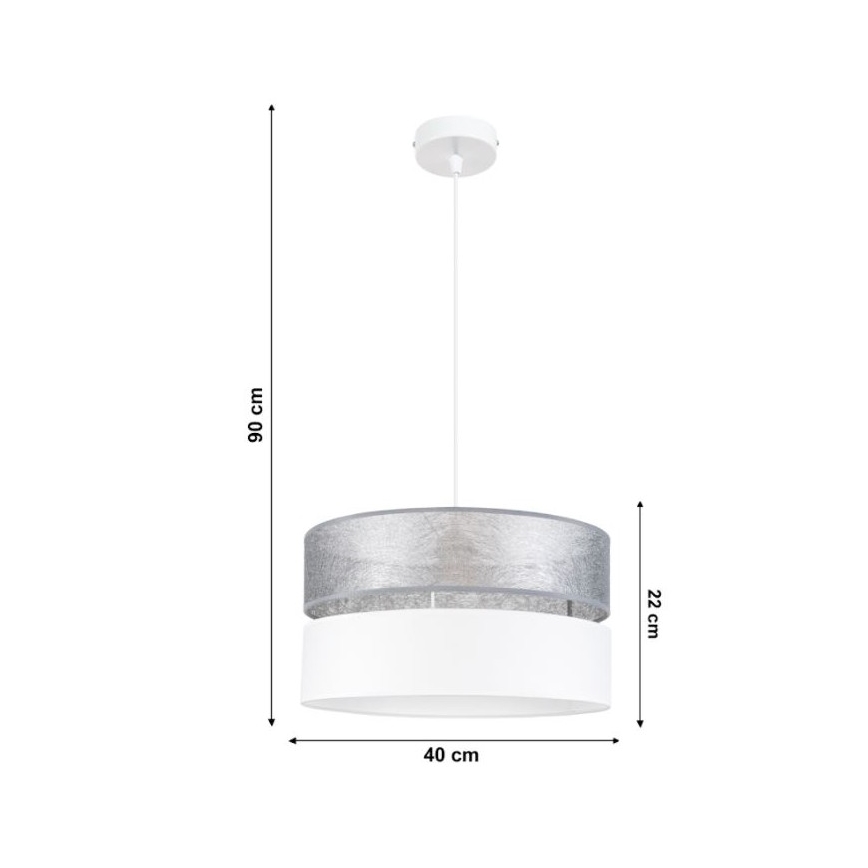 Závesné svietidlo s dvojitým tienidlom; horné strieborno-sivé, dolné biele; visí zo stropu. Rozmery: výška 90 cm, priemer 40 cm, výška tienidla 22 cm.