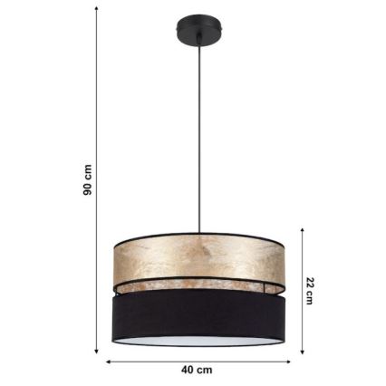 Závesné svietidlo s dvojitým tienidlom, horné zlaté, spodné čierne, visí zo stropu. Rozmery: výška 90 cm, priemer tienidla 40 cm, výška tienidla 22 cm.