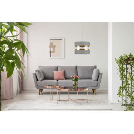 Svietidlo visí v obývacej izbe. Sivé svietidlo s dvoma zlatými prvkami osvetľuje sivú sedačku, dva ružovo-zlaté odkladacie stolíky a koberec. Rastliny sú umiestnené v blízkosti sedačky a steny.