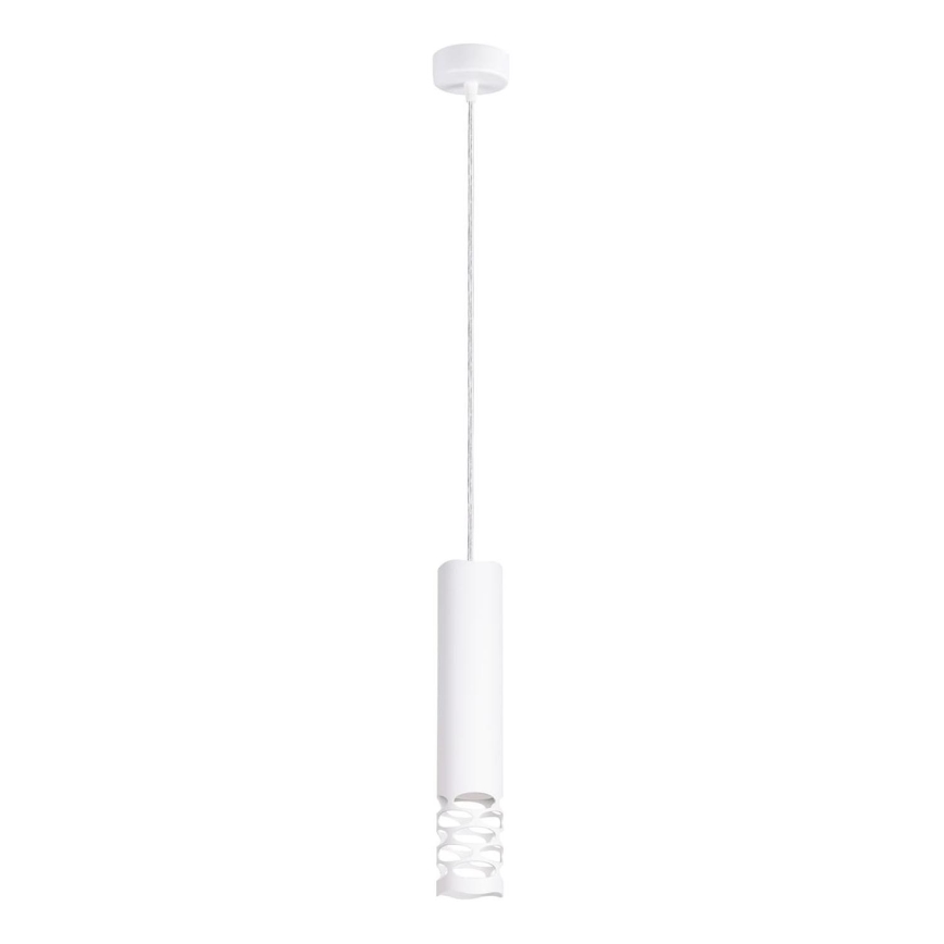 Biela závesná lampa visí zo stropu. Valcovité telo lampy má v spodnej časti otvory. Lampa je na bielom pozadí.