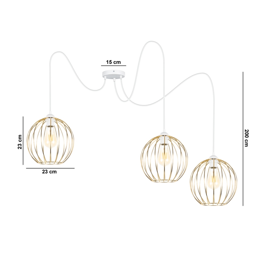 Luster na lanku MATT 3xE27/60W/230V pavúk biela/zlatá