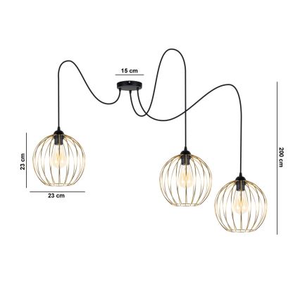Luster na lanku MATT 3xE27/60W/230V pavúk čierna/zlatá