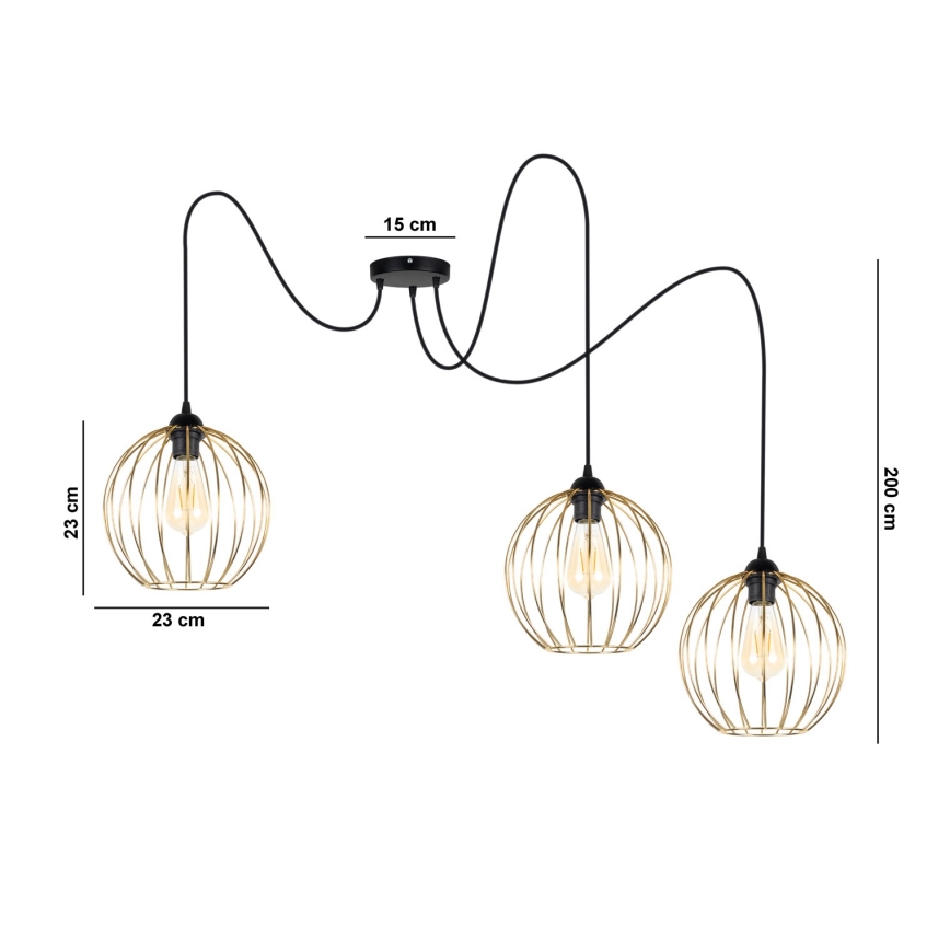 Luster na lanku MATT 3xE27/60W/230V pavúk čierna/zlatá