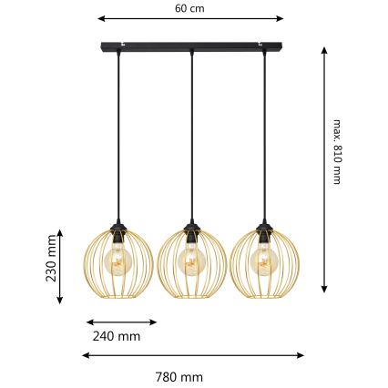Luster na lanku MERCURE 3xE27/15W/230V zlatá/čierna