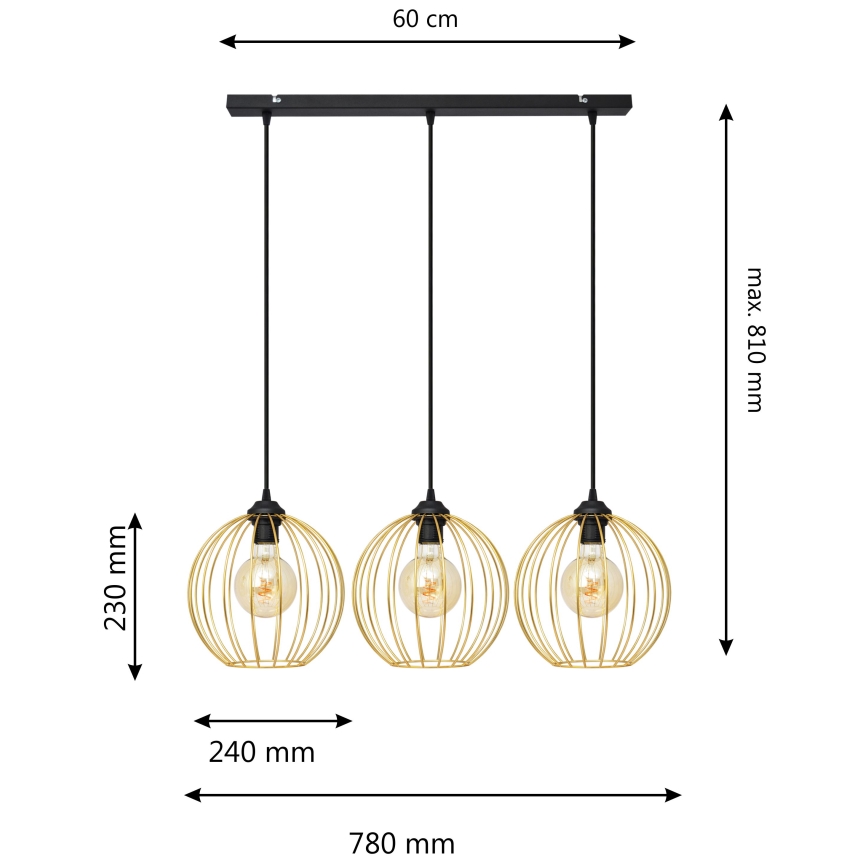 Luster na lanku MERCURE 3xE27/15W/230V zlatá/čierna