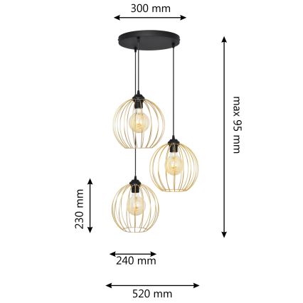 Luster na lanku MERCURE 3xE27/15W/230V zlatá/čierna