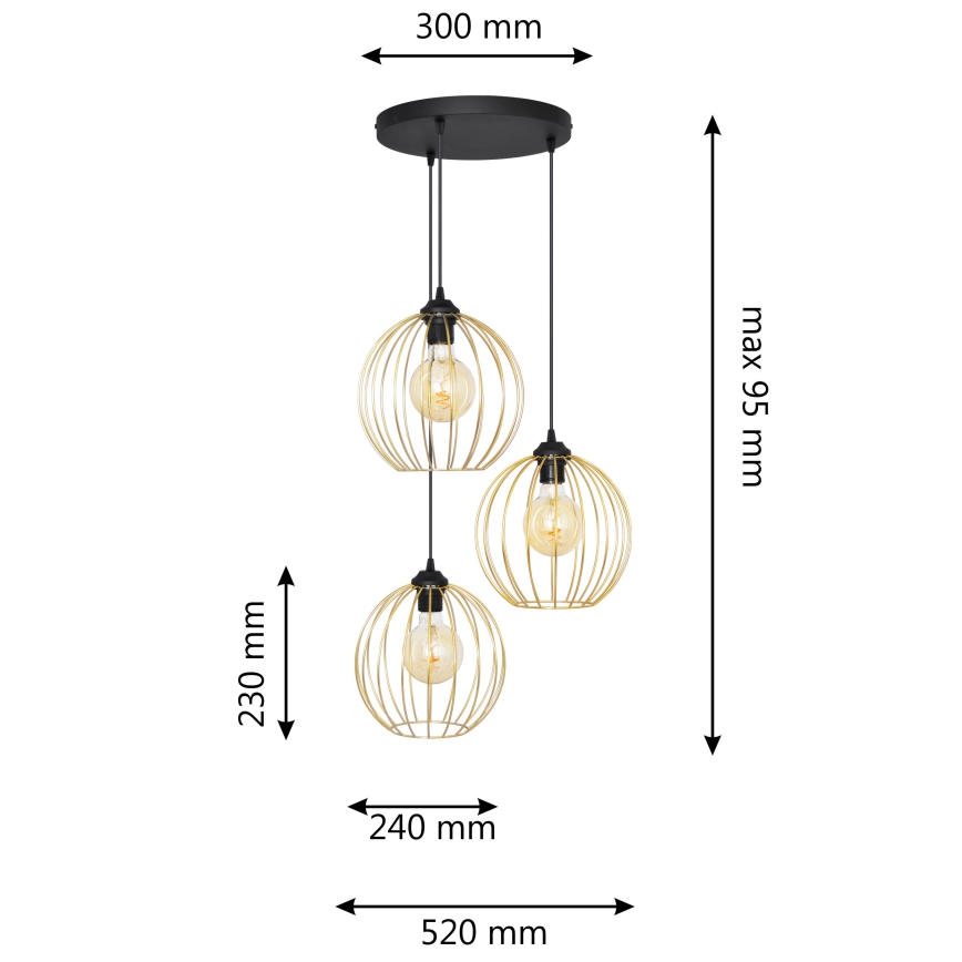 Luster na lanku MERCURE 3xE27/15W/230V zlatá/čierna