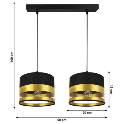 Dvojica závesných lámp s čiernymi a zlatými tienidlami visí z čiernej stropnej lišty. Rozmery: tienidlá 20 cm v priemere, výška 15 cm, vzdialenosť medzi tienidlami 60 cm, celková dĺžka 100 cm.
