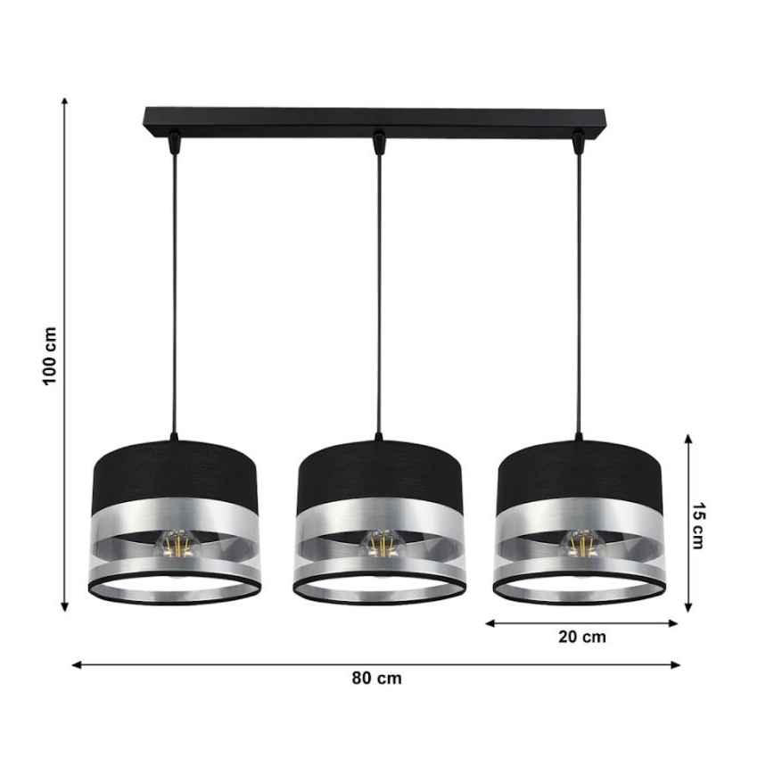 Luster na lanku MILO 3xE27/60W/230V strieborná/čierna