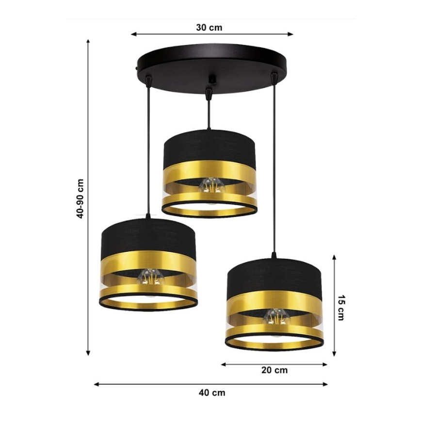 Luster na lanku MILO 3xE27/60W/230V zlatá/čierna