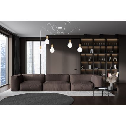 Luster na lanku MIROS 5xE27/60W/230V pavúk biela/zlatá