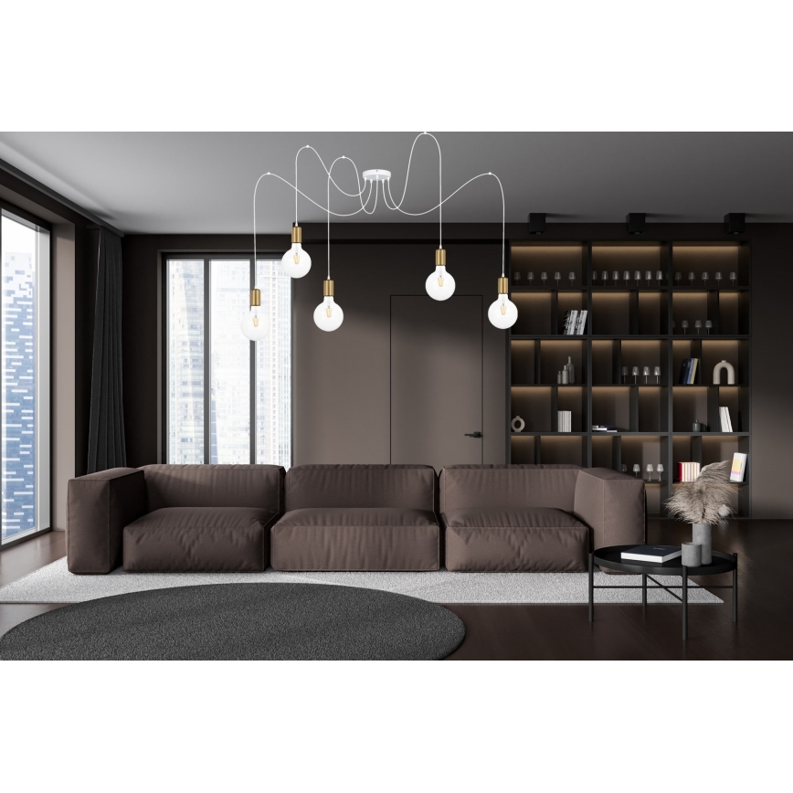 Luster na lanku MIROS 5xE27/60W/230V pavúk biela/zlatá