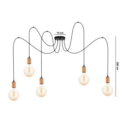 Luster na lanku MIROS 5xE27/60W/230V pavúk čierna/medená