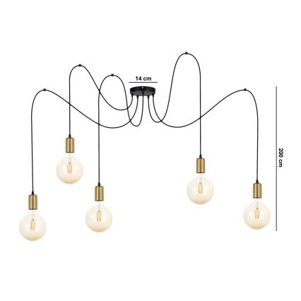 Luster na lanku MIROS 5xE27/60W/230V pavúk čierna/zlatá