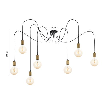 Luster na lanku MIROS 7xE27/60W/230V pavúk čierna/zlatá