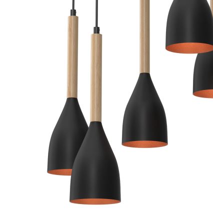 Luster na lanku MUZA 5xE27/15W/230V čierna/béžová/medená/buk