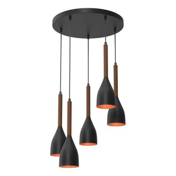 Luster na lanku MUZA 5xE27/15W/230V čierna/hnedá/medená/buk