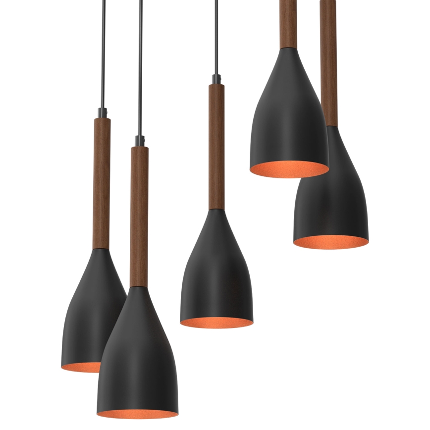 Luster na lanku MUZA 5xE27/15W/230V čierna/hnedá/medená/buk