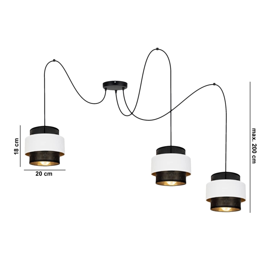 Luster na lanku NESS 3xE27/60W/230V pavúk čierna/biela