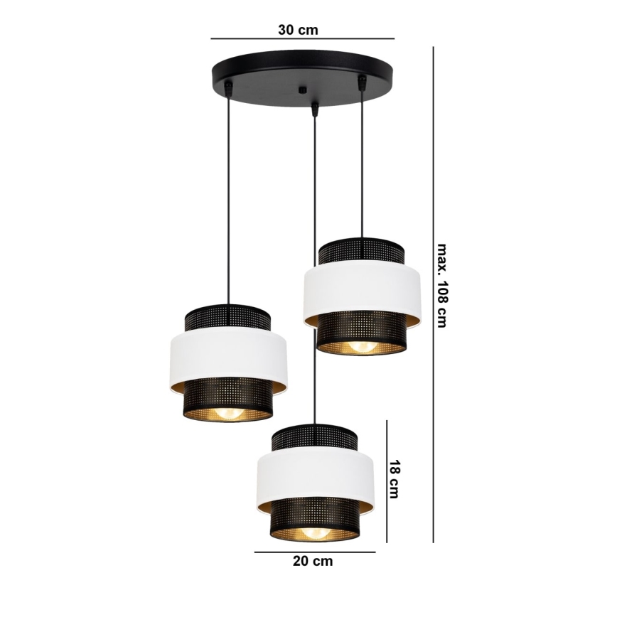 Luster na lanku NESS 3xE27/60W/230V pr. 45 cm čierna/biela