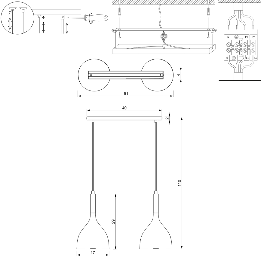 Luster na lanku NOAK 2xE27/15W/230V mosadz/zlatá