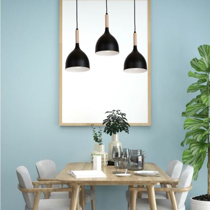 Luster na lanku NOAK WOOD 3xE27/15W/230V čierna/buk