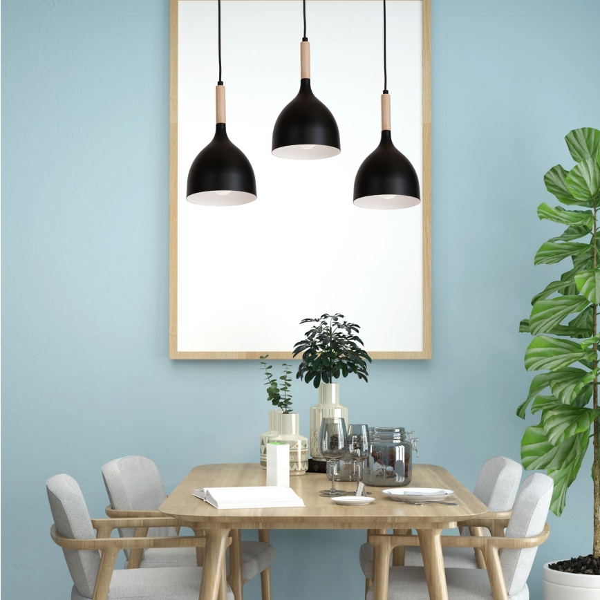 Luster na lanku NOAK WOOD 3xE27/15W/230V čierna/buk