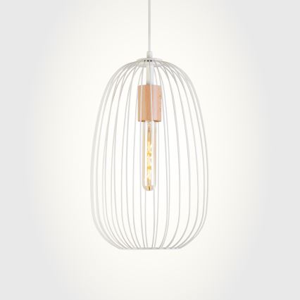 Luster na lanku OVELLA 1xE27/15W/230V, priemer 25 cm, krémová/borovica