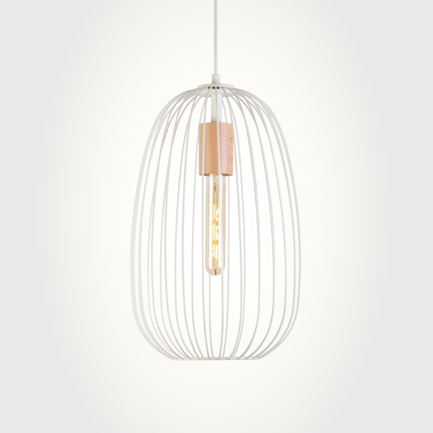 Luster na lanku OVELLA 1xE27/15W/230V, priemer 25 cm, krémová/borovica