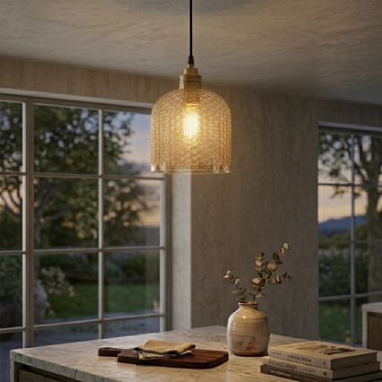 Luster na lanku ROCCO 1xE27/15W/230V zlatý/dymovo béžový