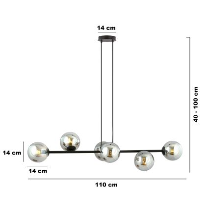 Luster na lanku ROSSI 6xE14/10W/230V čierna/šedá