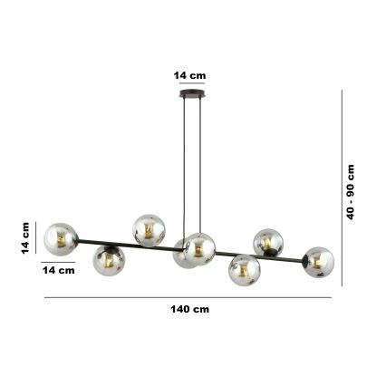 Luster na lanku ROSSI 8xE14/10W/230V čierna/šedá