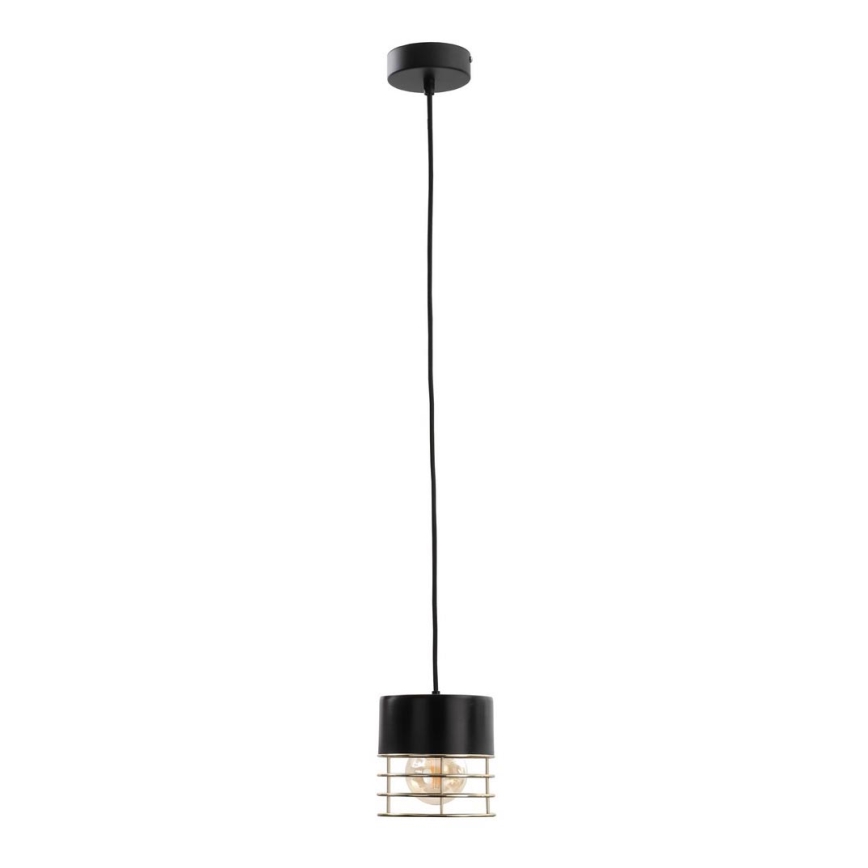 Čierna závesná lampa visí na čiernom kábli. Lampa má valcový tienidlo s kovovou klietkou a žiarovkou. Biely pozadím.