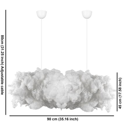 Dvojité závesné svietidlo v tvare oblaku visí zo stropu. Svietidlo je biele, s nastaviteľnými káblami dlhými 80 cm. Šírka svietidla je 90 cm, výška 45 cm.