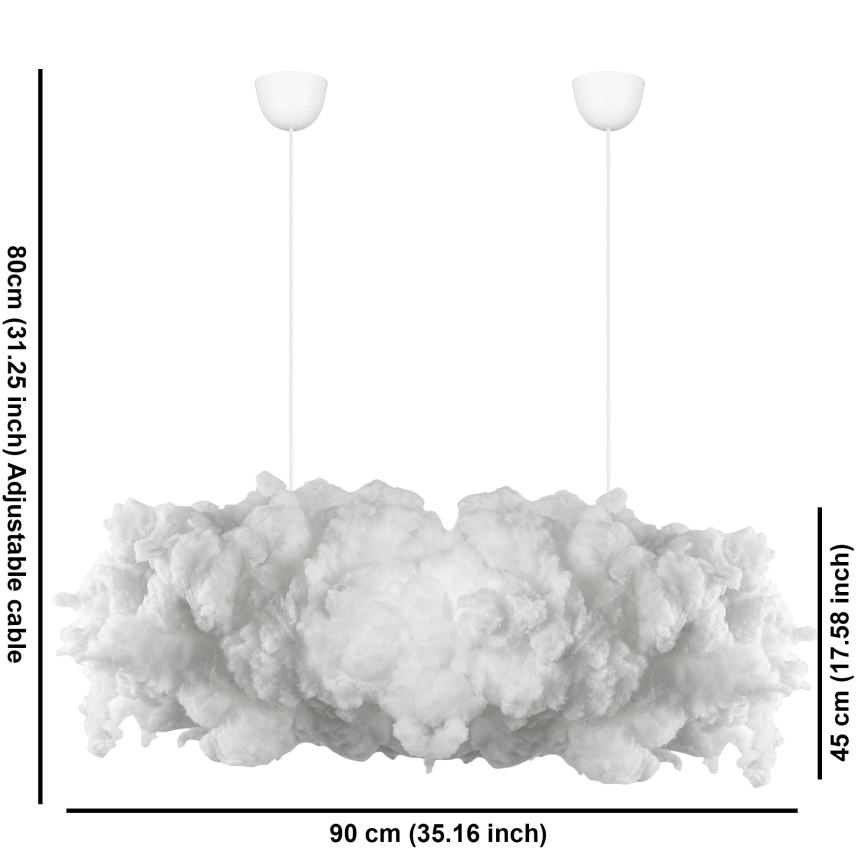 Dvojité závesné svietidlo v tvare oblaku visí zo stropu. Svietidlo je biele, s nastaviteľnými káblami dlhými 80 cm. Šírka svietidla je 90 cm, výška 45 cm.