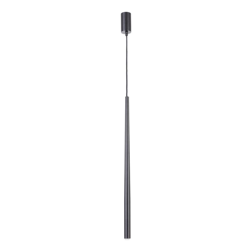 Dlhá, štíhla, tmavosivá závesná lampa visí na čiernom kábli pred bielym pozadím. Svetlo smeruje nadol.