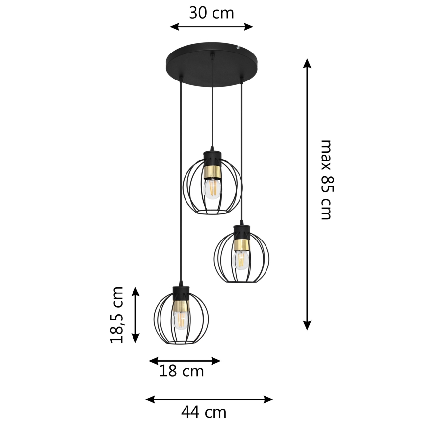 Luster na lanku STARLIGHT 3xE27/15W/230V čierna/zlatá